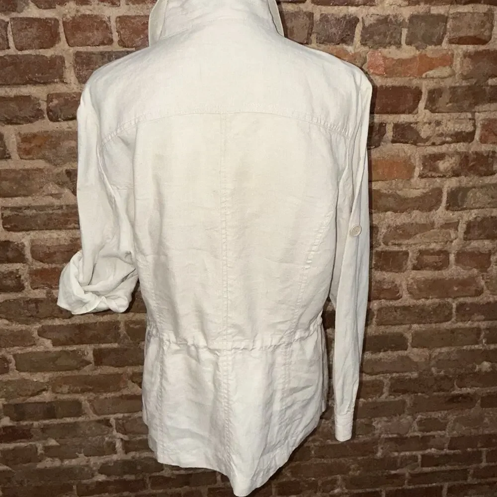 100% Linen Safari Shirt/jacket Utility Coastal Drawstring Waist Roll Tab L EUC - Picture 5 of 13